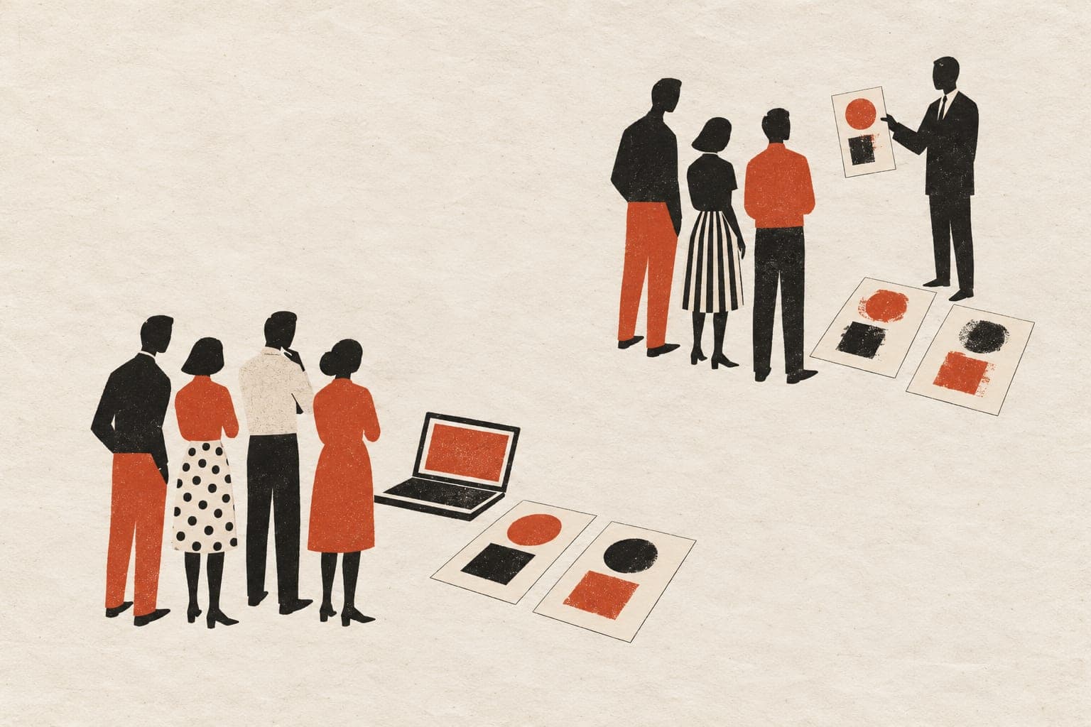 Groups of faceless adults stand beside a laptop and an interviewer, with orderly survey shapes near the laptop and rougher shapes near the interviewer.