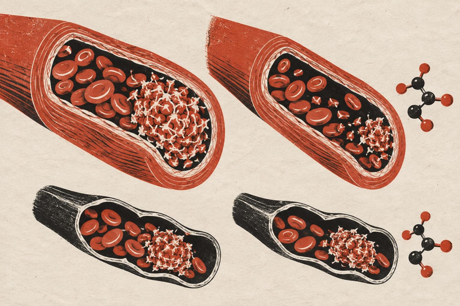 Arteries show a large clot and a smaller clot beside a molecular form, while paired veins below contain similarly sized clots.