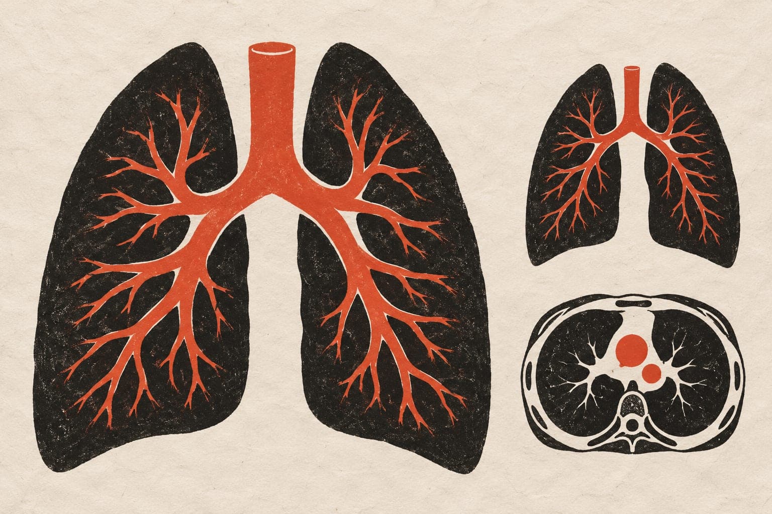 Lungs with broad branching blood vessels sit beside a smaller pair with slimmer vessels and a chest cross-section showing lungs and vessel sections.