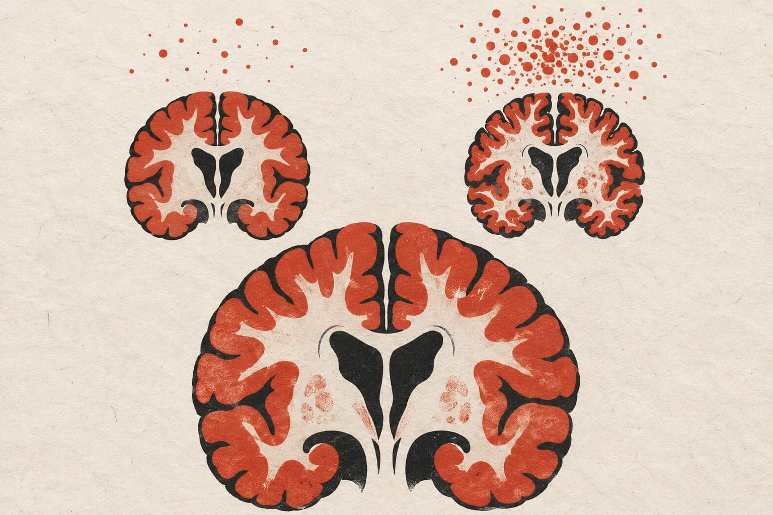 A human brain beneath paired brain sections, with denser airborne particles above thinner grey matter and more patches in the white matter.