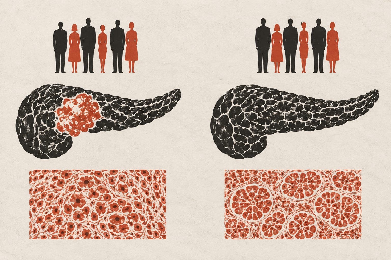 Pancreases beneath groups of faceless people contrast a tumour and disordered tissue with an intact organ and orderly glandular clusters.