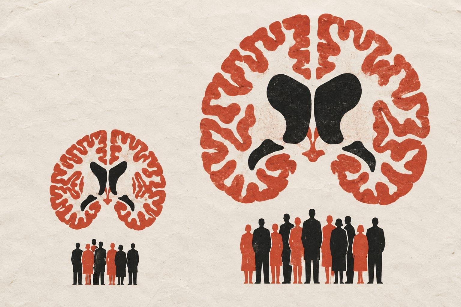 Brain sections above groups of upright, faceless people contrast fuller folds and narrow cavities with wider grooves and enlarged cavities.