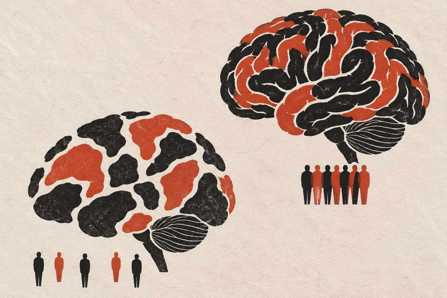 Two brains sit above faceless people: widely separated folds above isolated figures, closely fitted folds above a group standing together.