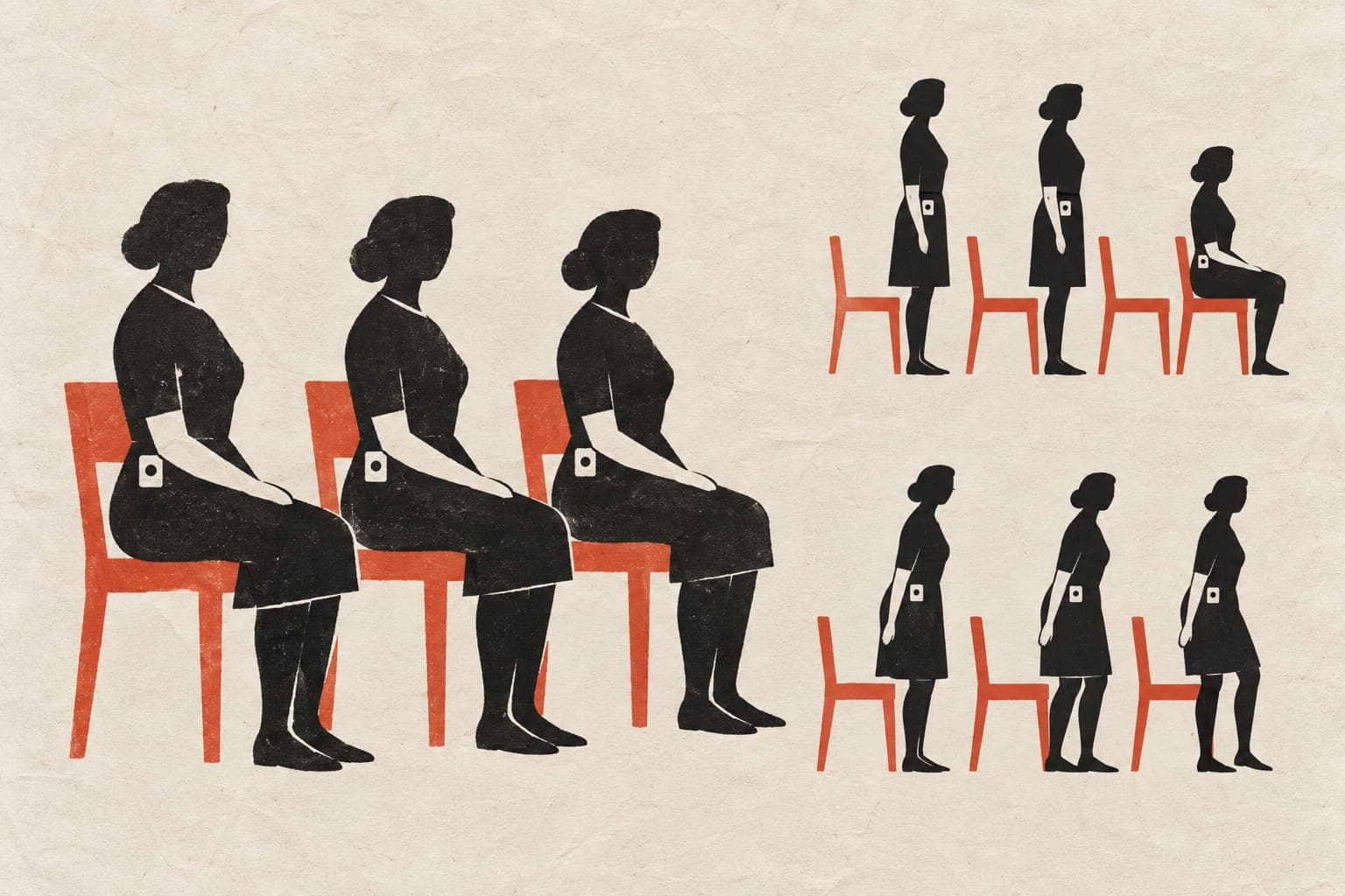 Women wearing hip sensors sit on chairs beside groups standing or stepping away, with occupied seats contrasting with empty chairs.