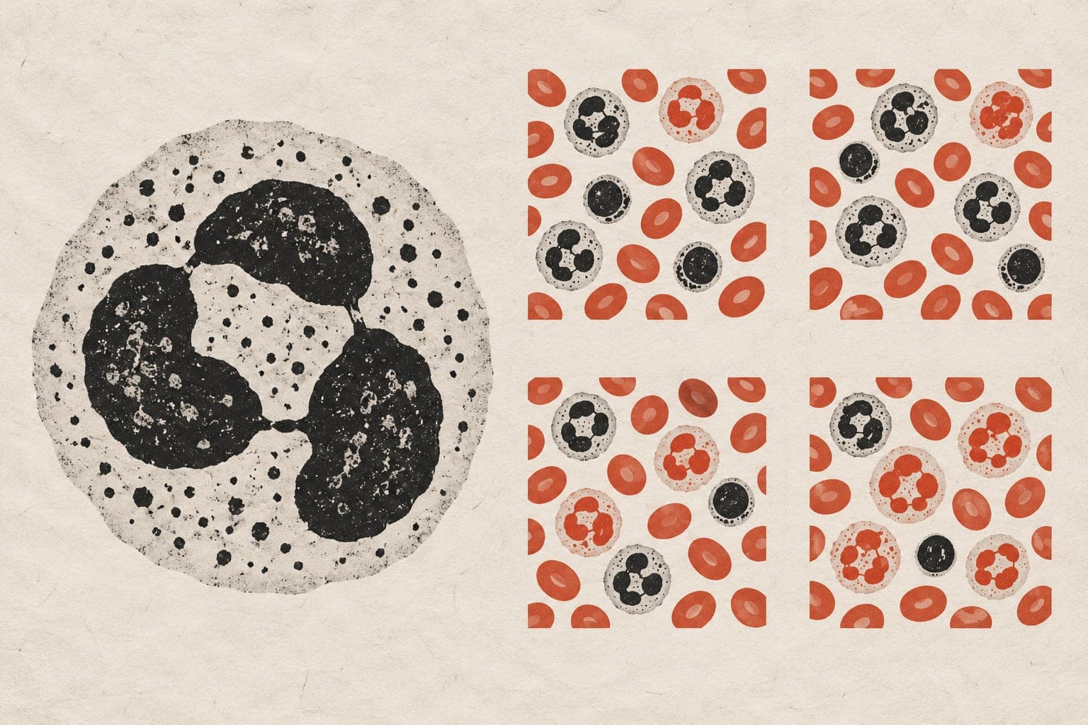 A neutrophil beside blood-cell groups with red nuclei remaining sparse across the upper pair and becoming more common across the lower pair.