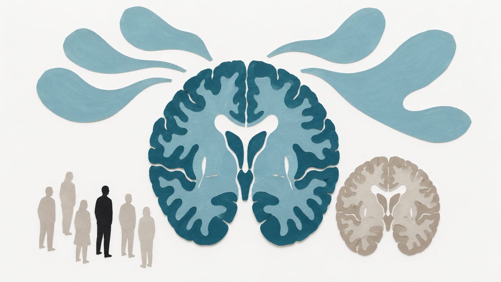 Brain cutaways in dark blue-green and grey show matching intact folds beneath broad light shapes, beside a small group of upright people.