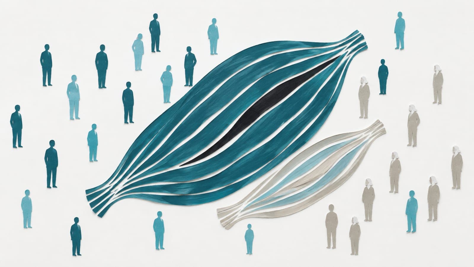A full dark blue-green muscle bundle and a thinner grey bundle with sparse fibres sit among upright, faceless people, some with white hair.