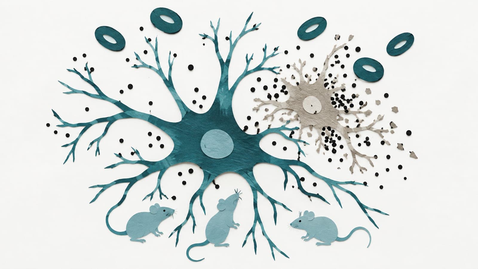 Brain cells, intact dark blue-green beside ragged grey with denser oxygen dots, sit above laboratory mice, with blood cells overhead.