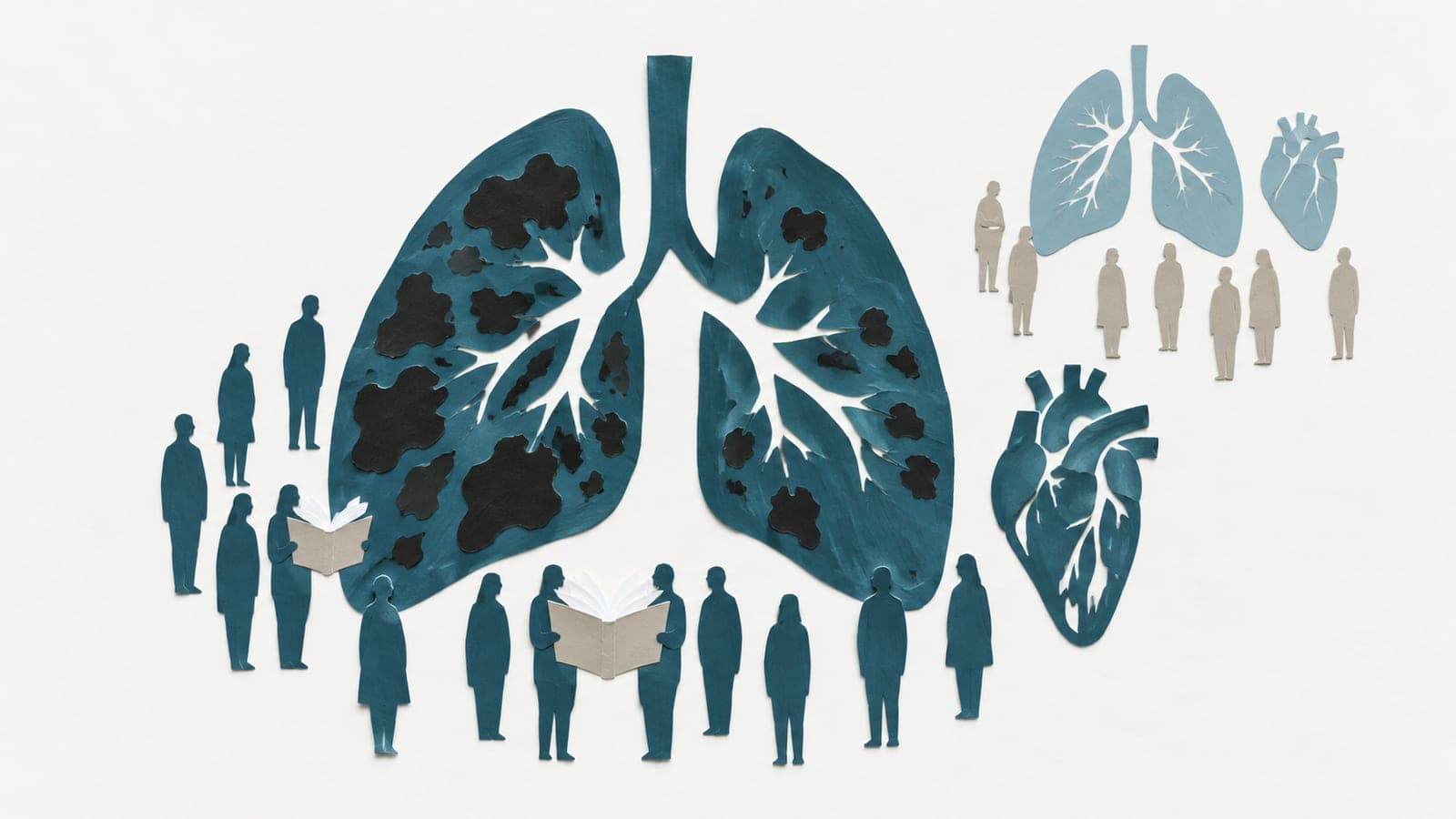 Patchy lungs and a damaged heart sit beside dark blue-green figures with books, while grey figures stand near intact lungs and a heart.