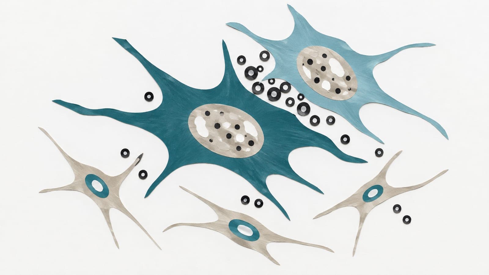 Enlarged fibroblasts with speckled nuclei have tiny vesicles clustered between them, while smaller grey cells nearby have smooth nuclei and fewer vesicles.