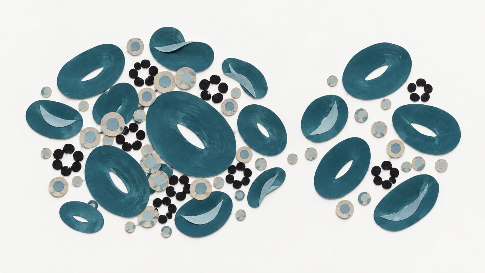 Blood cells form two clusters, with dense fat particles and ring-shaped inflammation markers on the left and fewer on the right.
