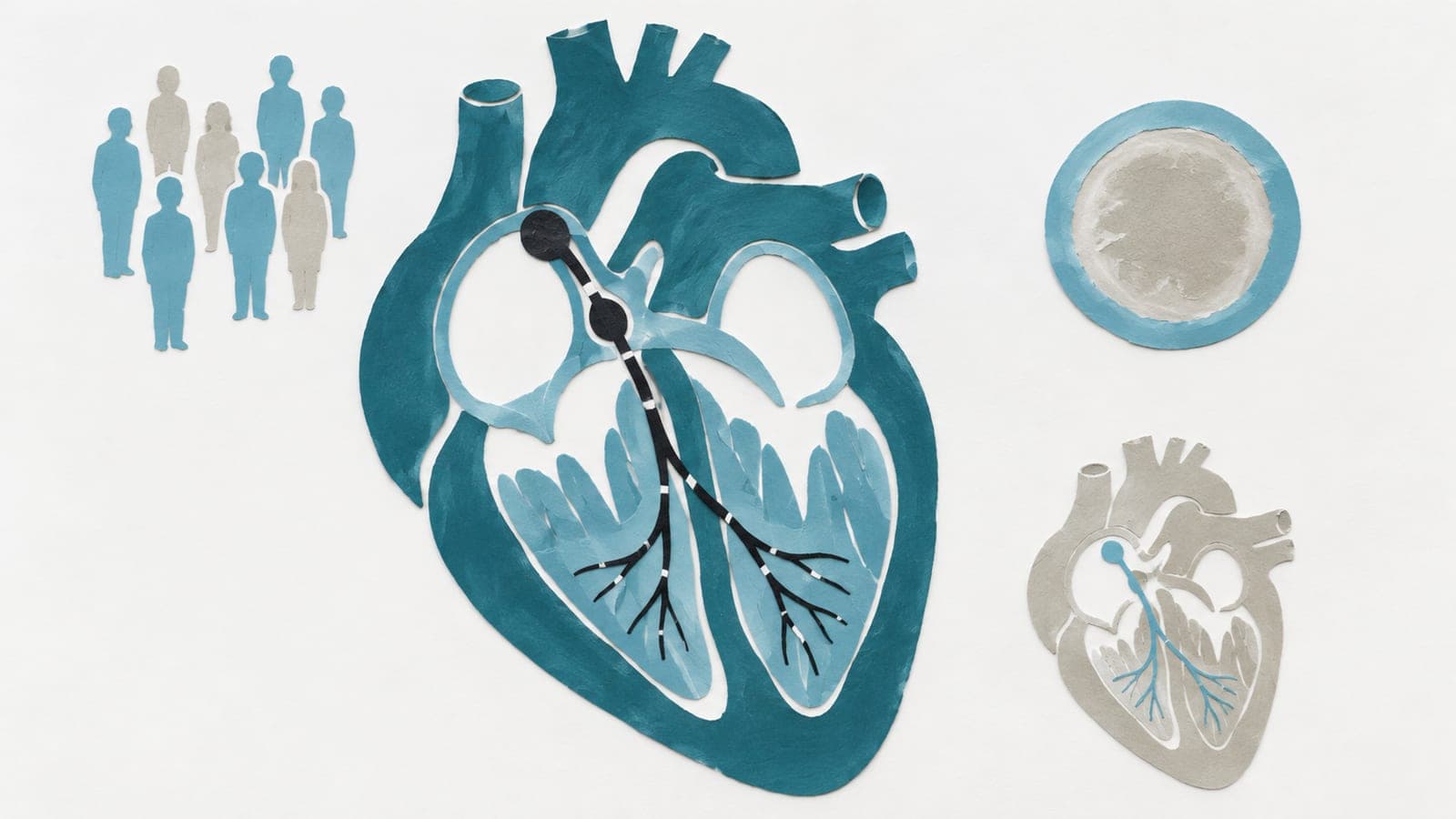 A sectioned heart with broken signalling branches sits beside a smaller heart with intact branches, a group of upright people and a clouded eye lens.