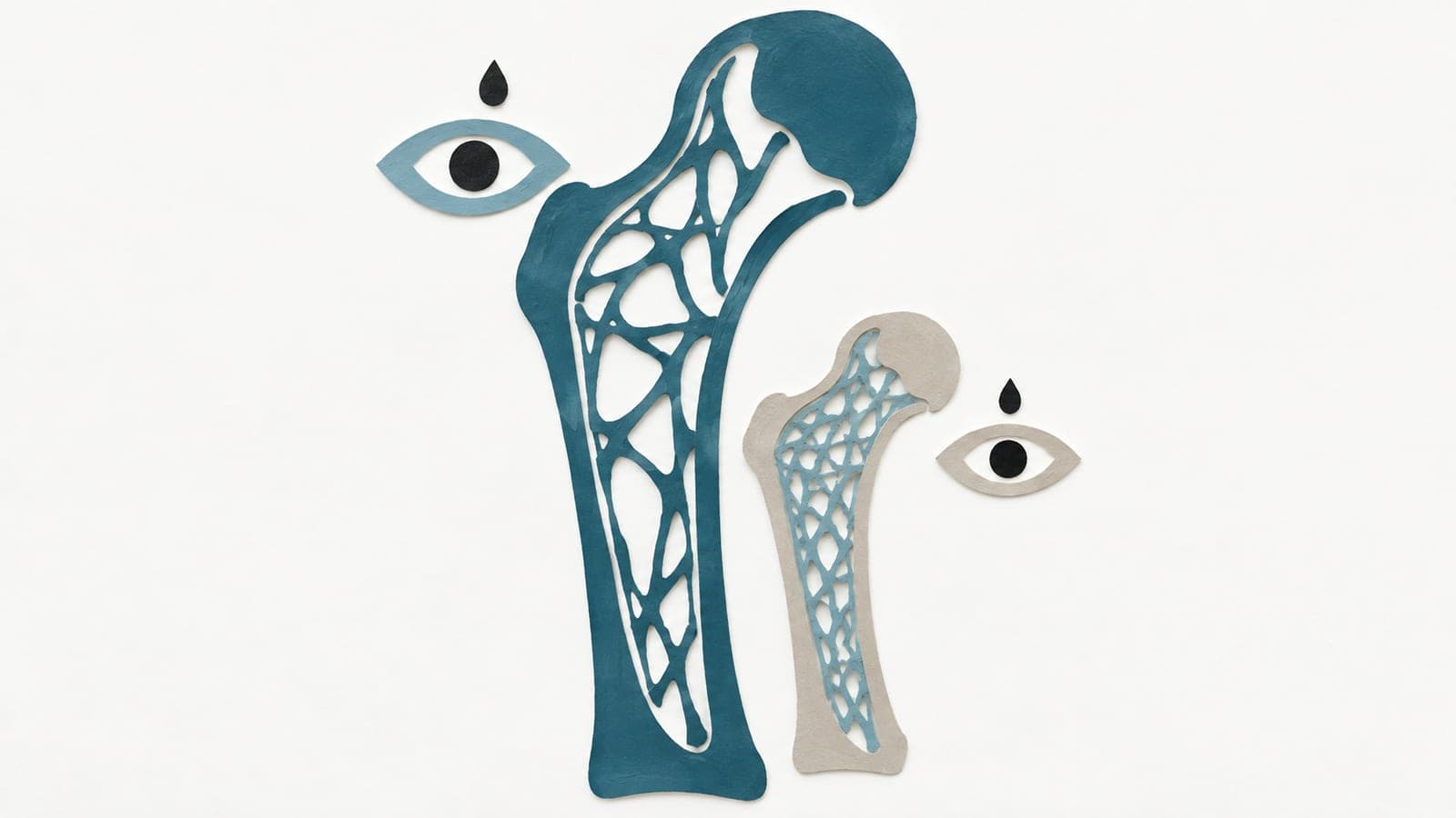 A large dark blue-green thigh bone with sparse internal struts stands beside a smaller, denser gray bone, each near an eye with a droplet above it.