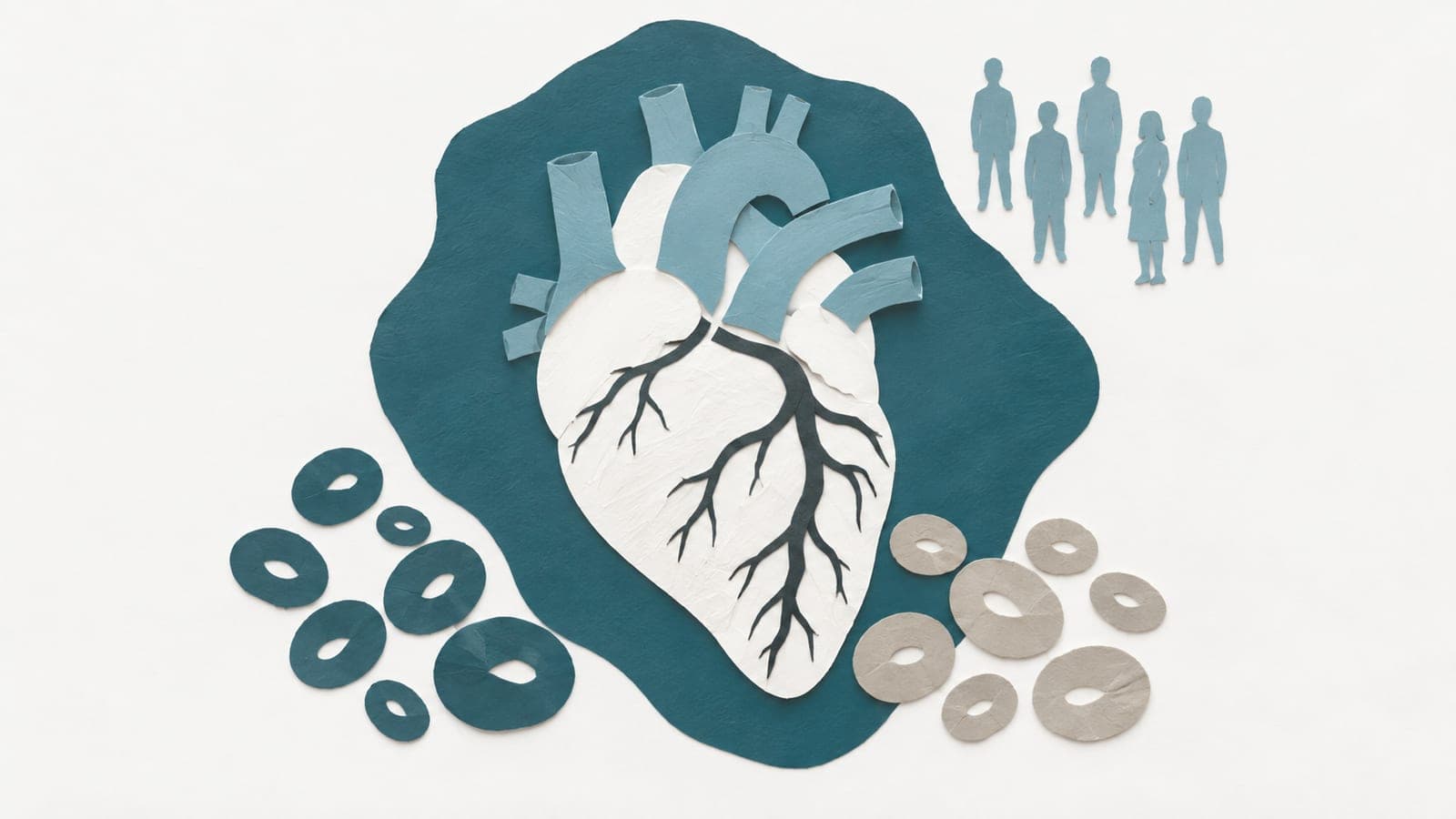 A heart with branching coronary vessels sits between dark blue-green and grey blood cells, with a small group of upright people above.