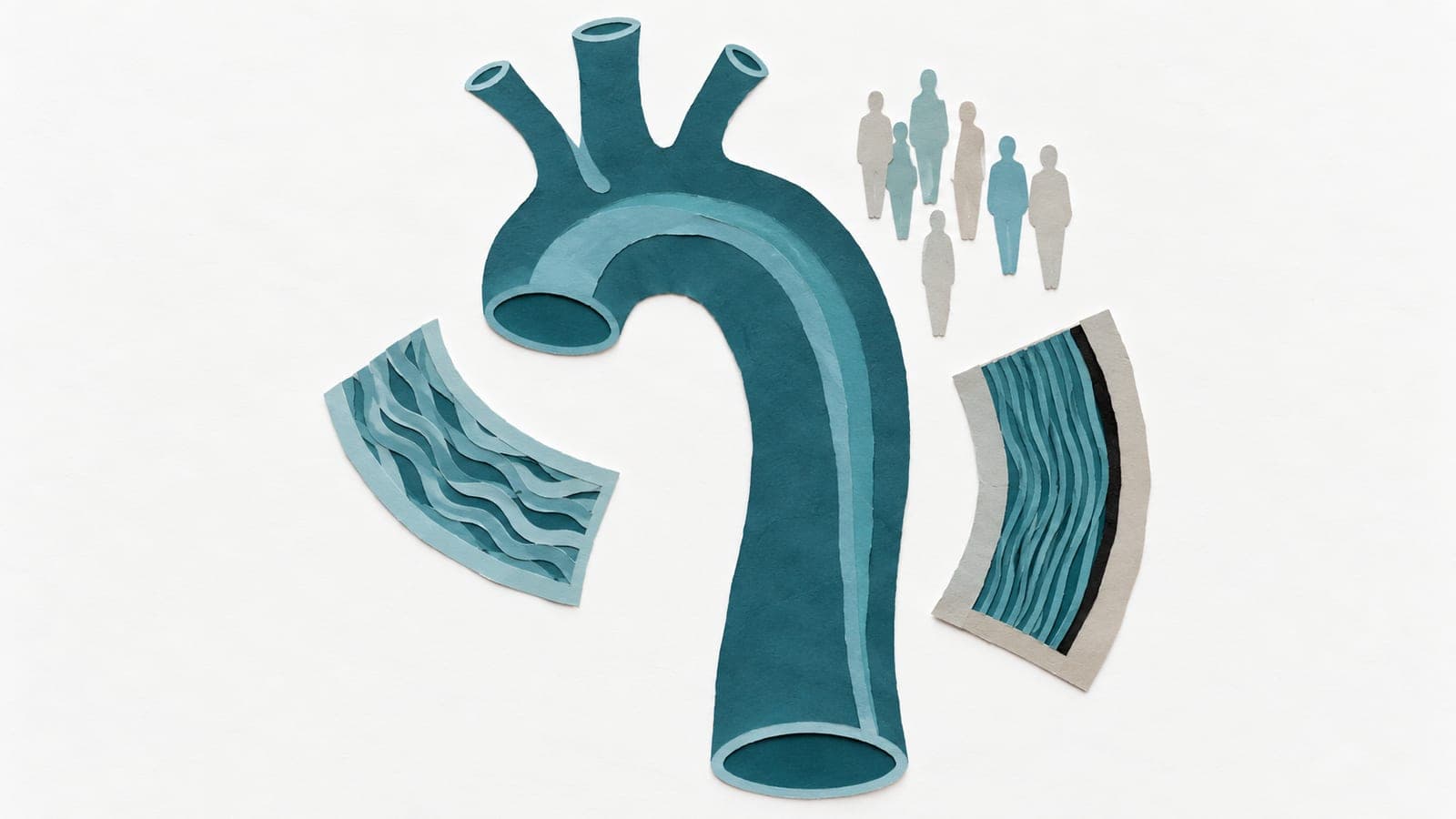 An aorta beside artery wall fragments with loose, wavy fibres and tightly aligned, rigid fibres, with a small group of upright people above.