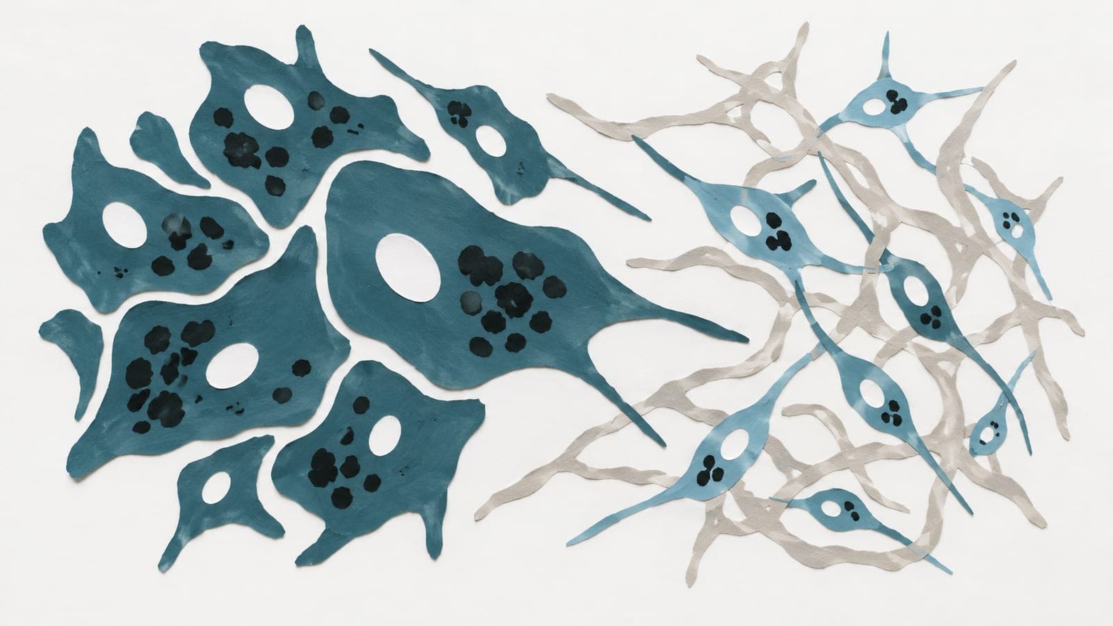 Enlarged placental cells with dense protein clusters sit beside smaller cells with sparse clusters spreading among grey fibres.