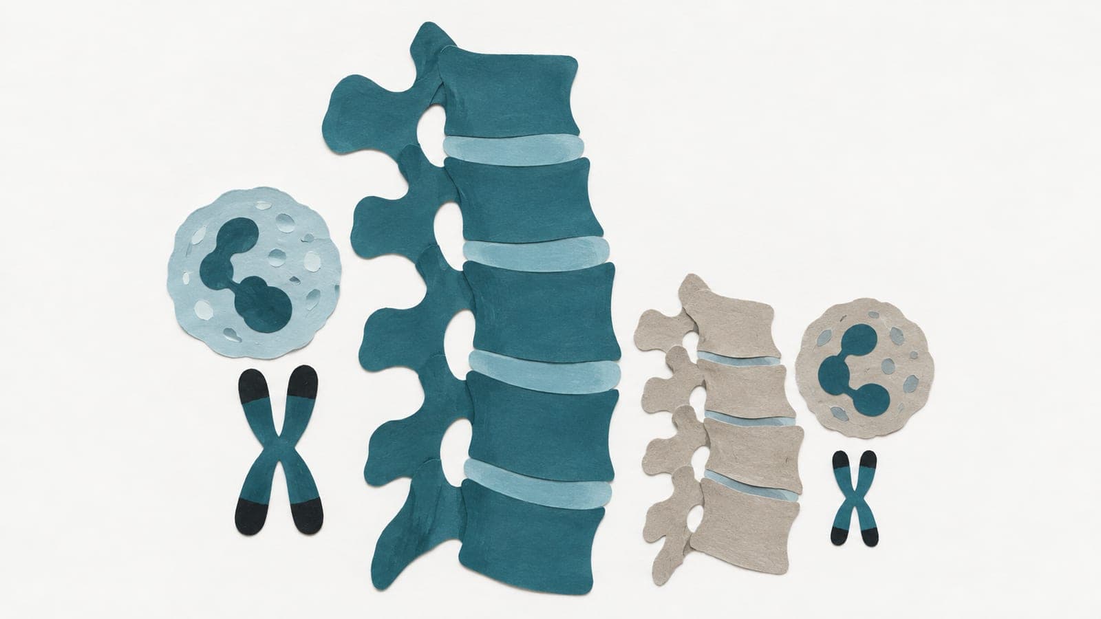 Healthy and narrowed spinal sections sit beside white blood cells and chromosomes with longer and shorter dark end caps.