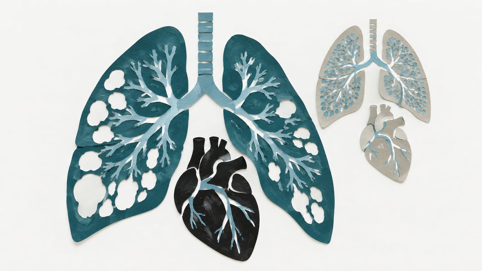 Dark blue-green lungs with enlarged air spaces sit beside a dark heart, compared with smaller grey lungs with finer air spaces and a grey heart.