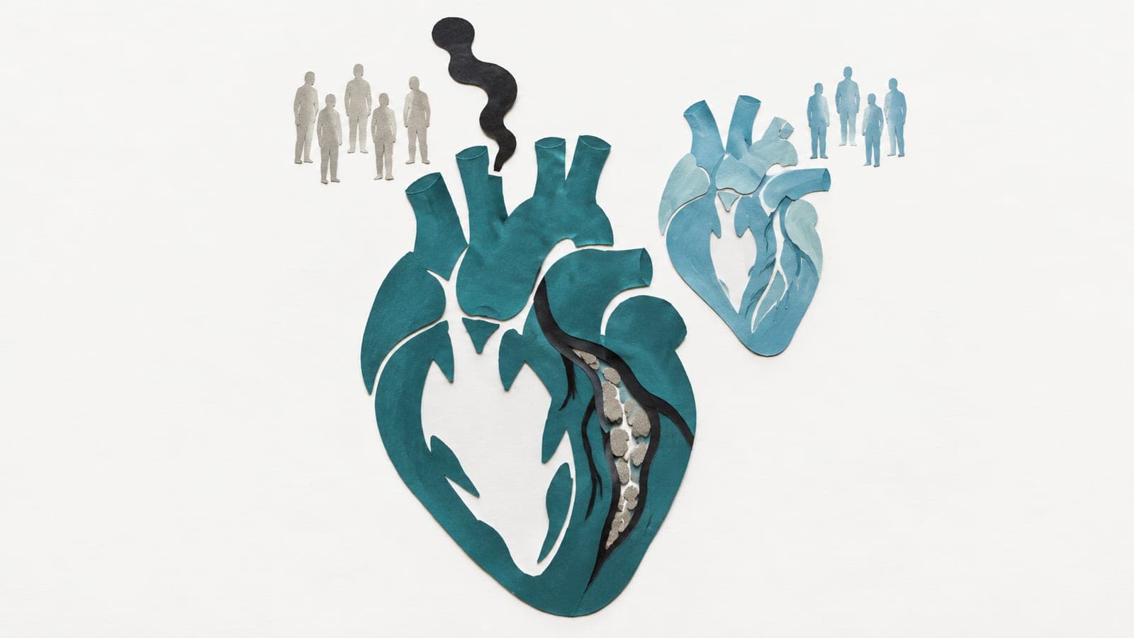 A cutaway heart with an enlarged chamber and narrowed artery sits beside a smaller healthy heart, with groups of people and a smoke wisp above.