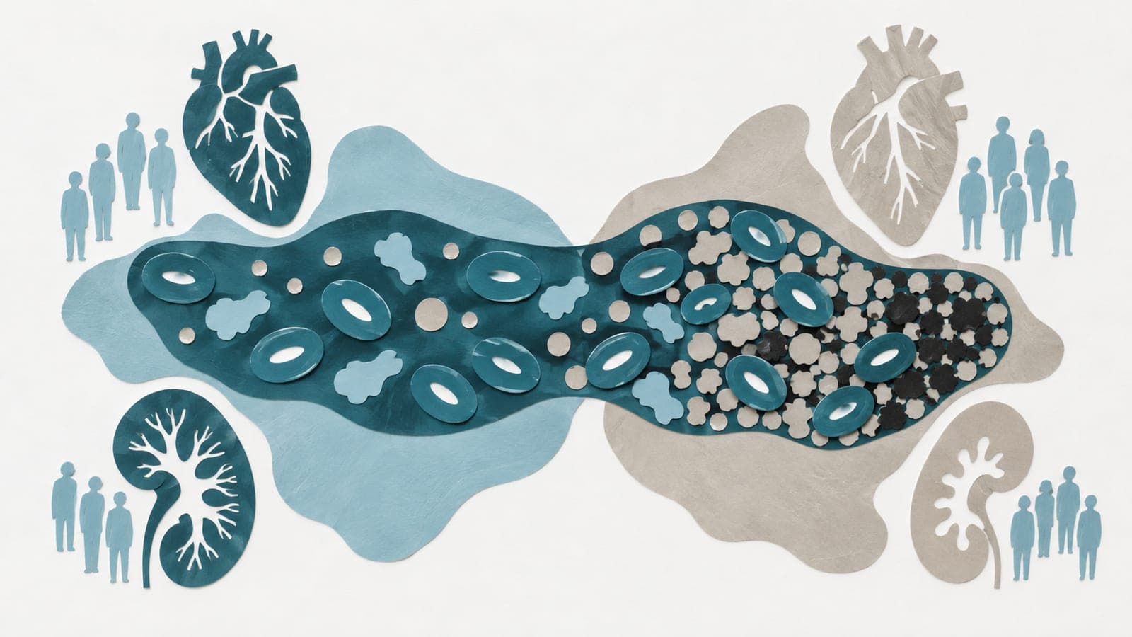 Blood cells amid sparse and crowded particles, surrounded by small upright people and contrasting dark blue-green and grey hearts and kidney sections.