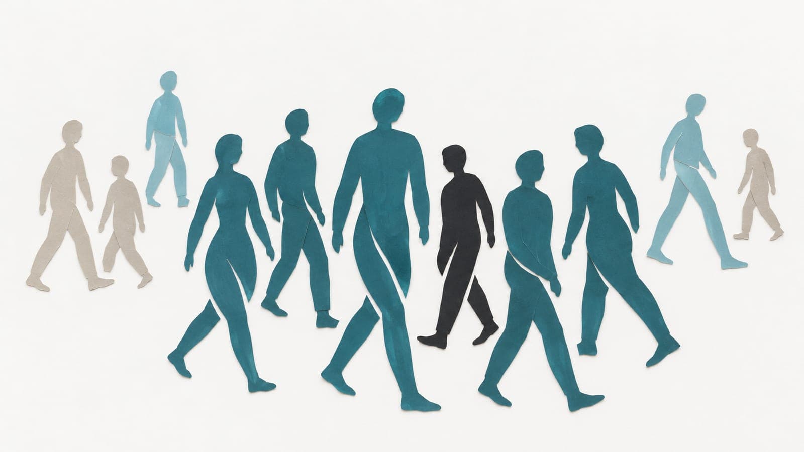 Upright, faceless people walk with varied strides, with a dark blue-green central group surrounded by smaller gray and light blue figures.