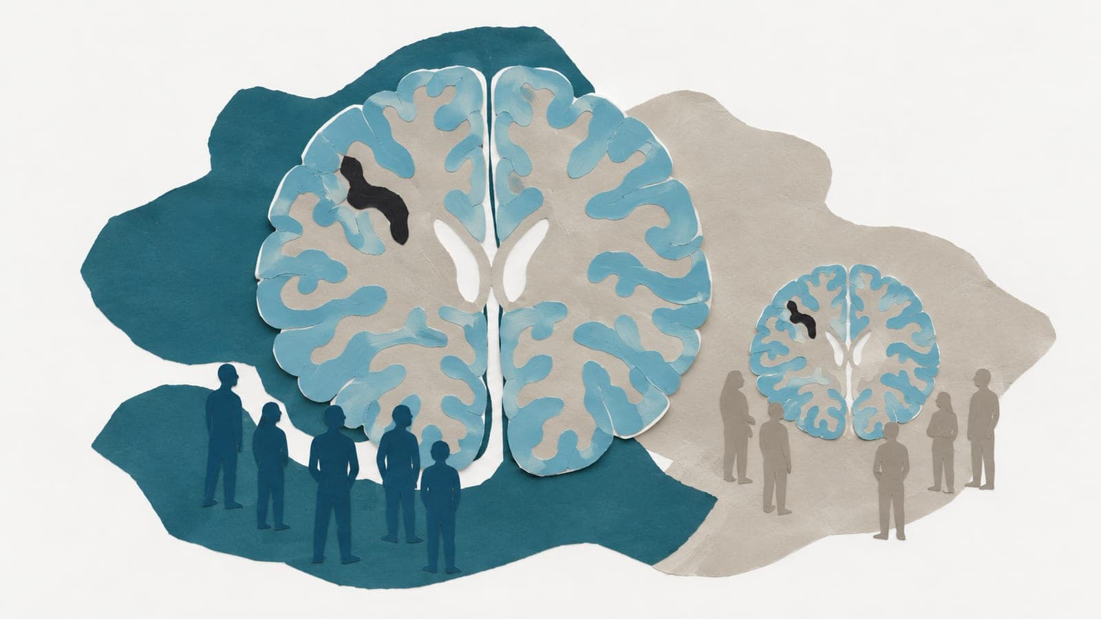 Brain sections of different sizes share matching folds and dark patches, beside groups of upright dark blue-green and gray figures.