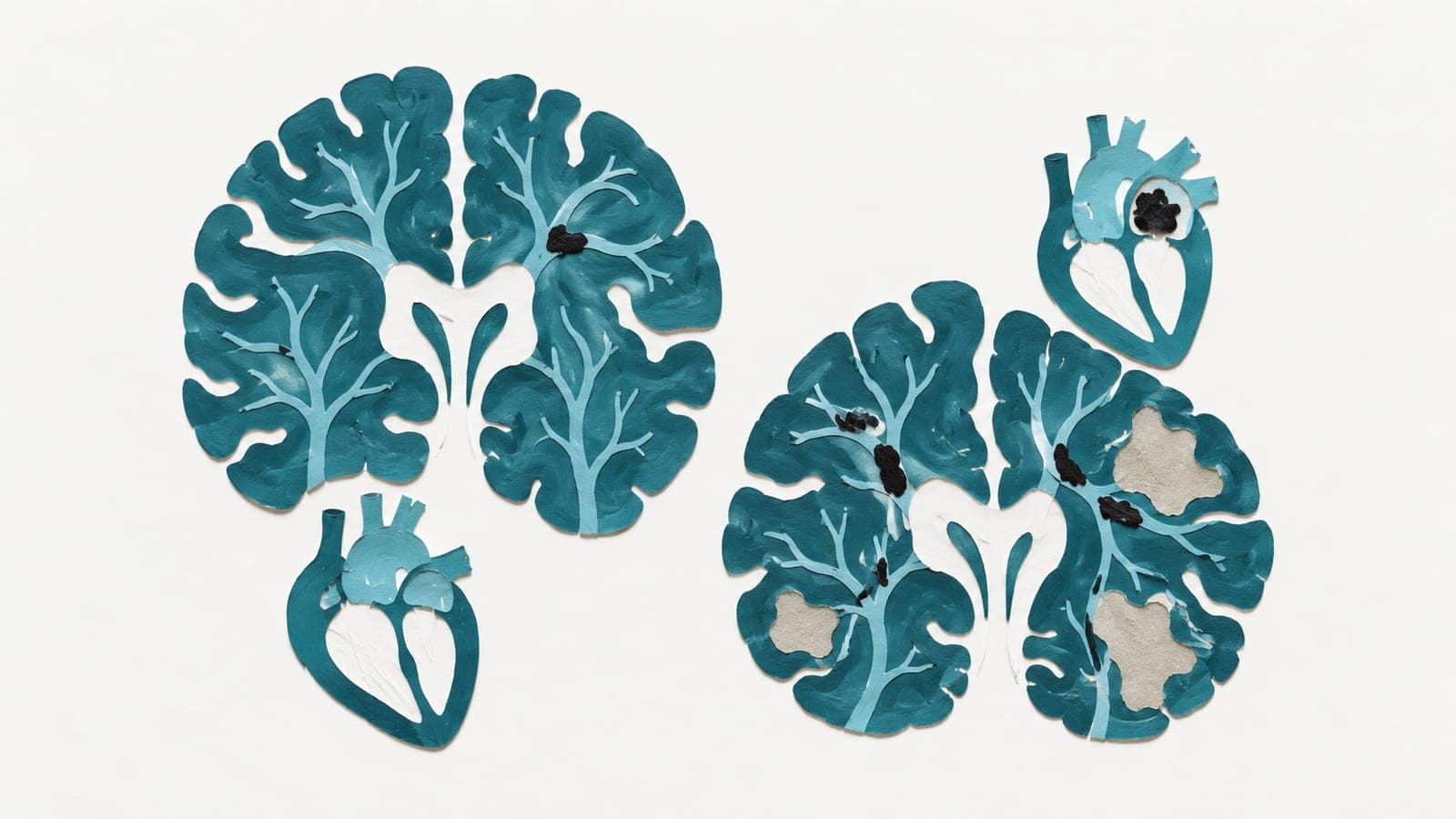 Brain cross-sections beside small hearts show mostly open vessels on one side and more clots with gray patches of damaged tissue on the other.