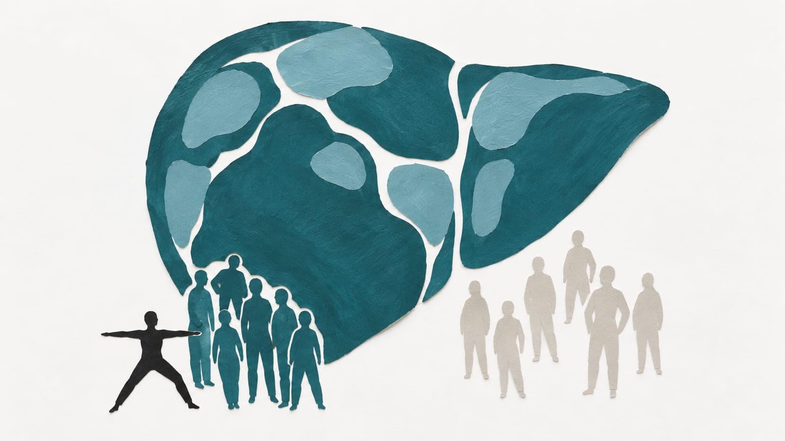 A large nodular liver sits above closely grouped dark blue-green people beside an exercising figure and a more widely spaced gray group.