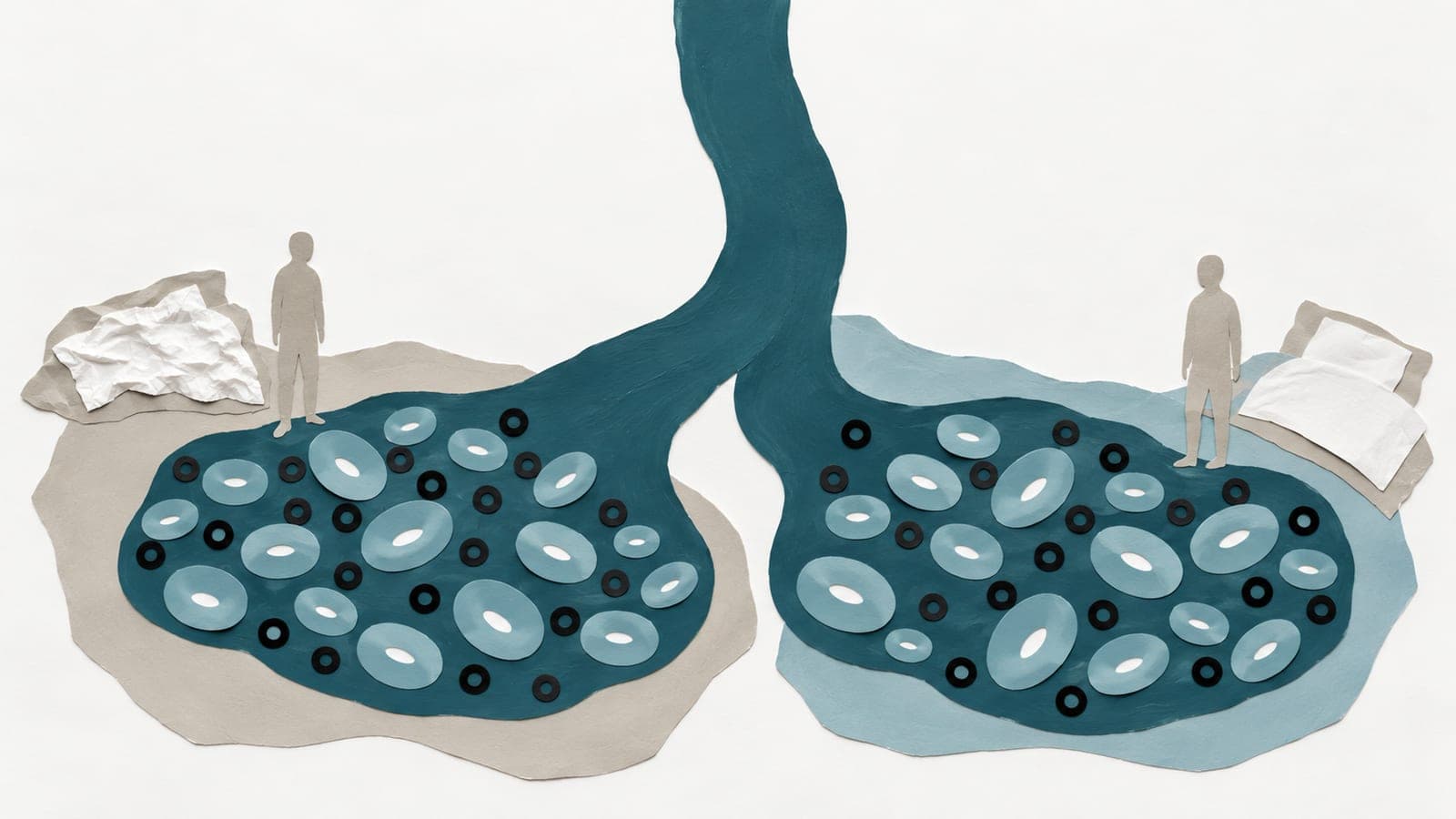 Blood samples contain similar densities of cells and glucose rings, with upright figures beside crumpled bedding on one side and smooth bedding on the other.