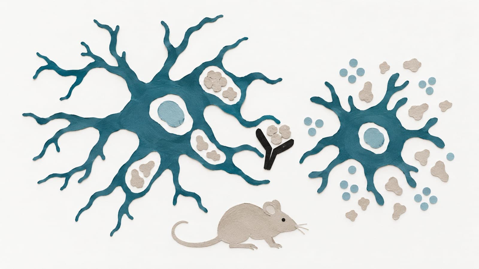 Microglia beside an antibody and mouse show engulfed debris in a branching cell versus scattered debris and reactive molecules around a smaller cell.