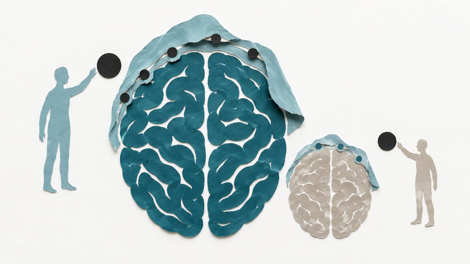 A large dark blue-green brain and smaller gray brain have scalp recording contacts, beside upright figures reaching toward black targets.