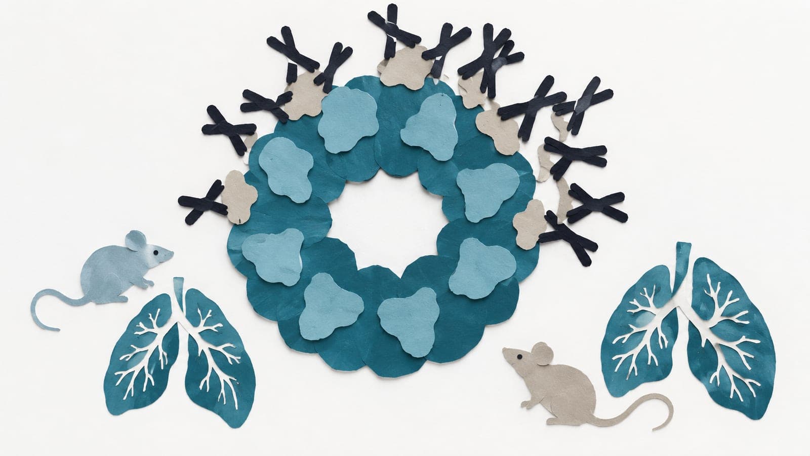 A ring-shaped vaccine particle carries antigens clustered with antibodies, flanked by laboratory mice and intact lungs with branching airways.