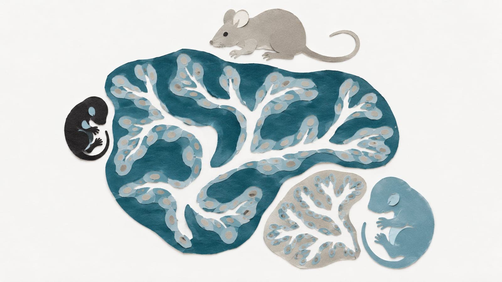 Placental vessels with enlarged cells sit beside a smaller mouse fetus, contrasted with regular cells beside a larger fetus; an adult mouse rests above.