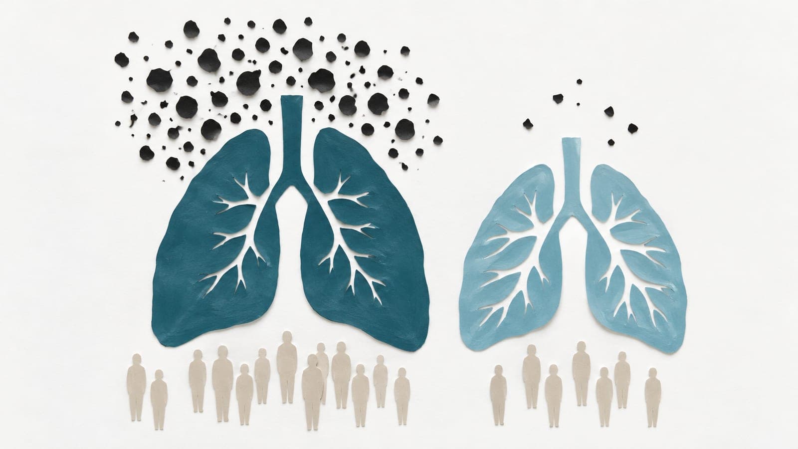 Lungs with narrower airways beneath dense pollution particles face lungs with wider airways beneath sparse particles, with small groups of people below.