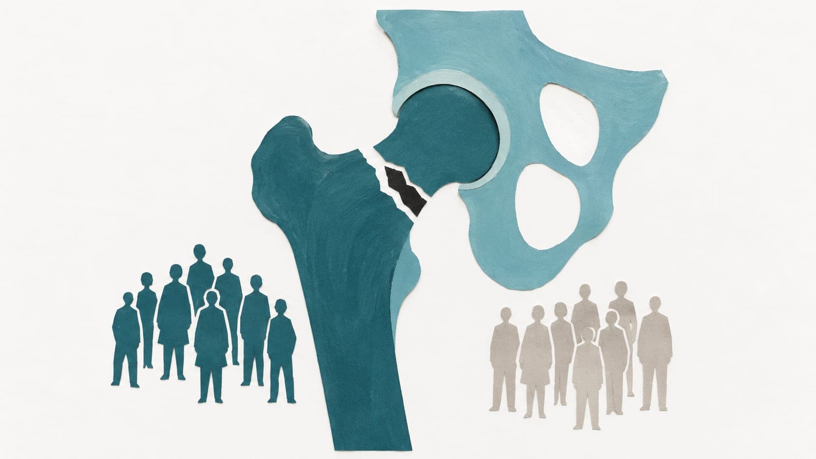 A fractured hip joint stands between similarly sized groups of upright, faceless people, one dark blue-green and the other gray.