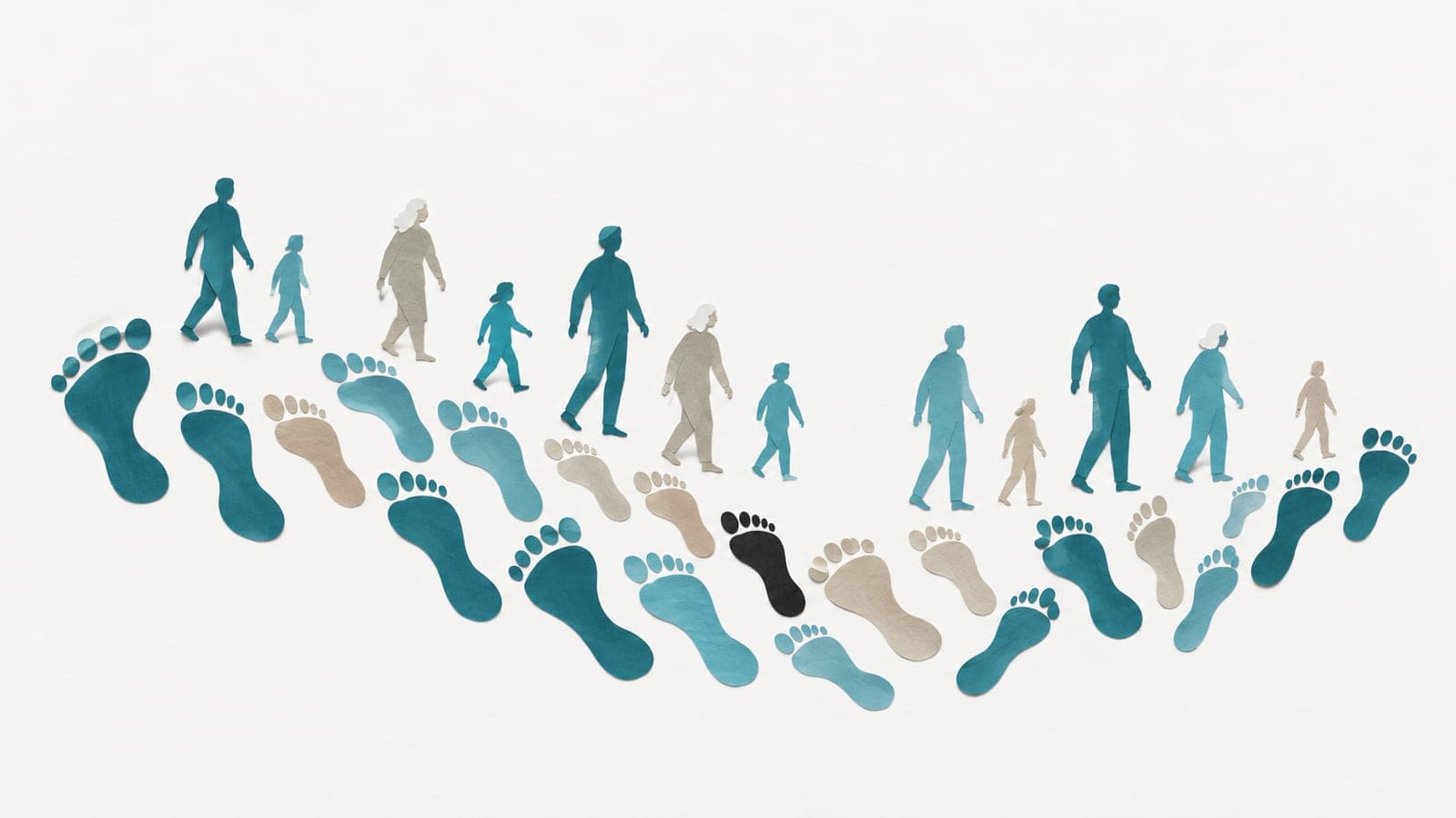 Human footprints curve beneath upright walkers, with blue-green impressions spread widely and gray impressions spaced more closely and unevenly.
