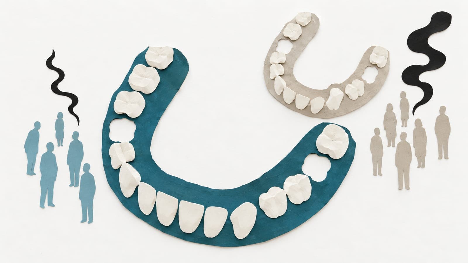 Dental arches show similar gaps from missing teeth beside groups of upright figures, with a thin smoke wisp by one group and thicker smoke by the other.