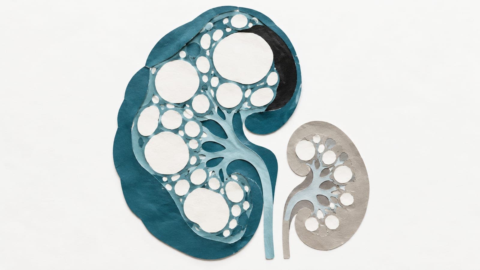 Kidney cutaways show a large dark blue-green kidney crowded with large cysts beside a smaller gray kidney with fewer, smaller cysts.