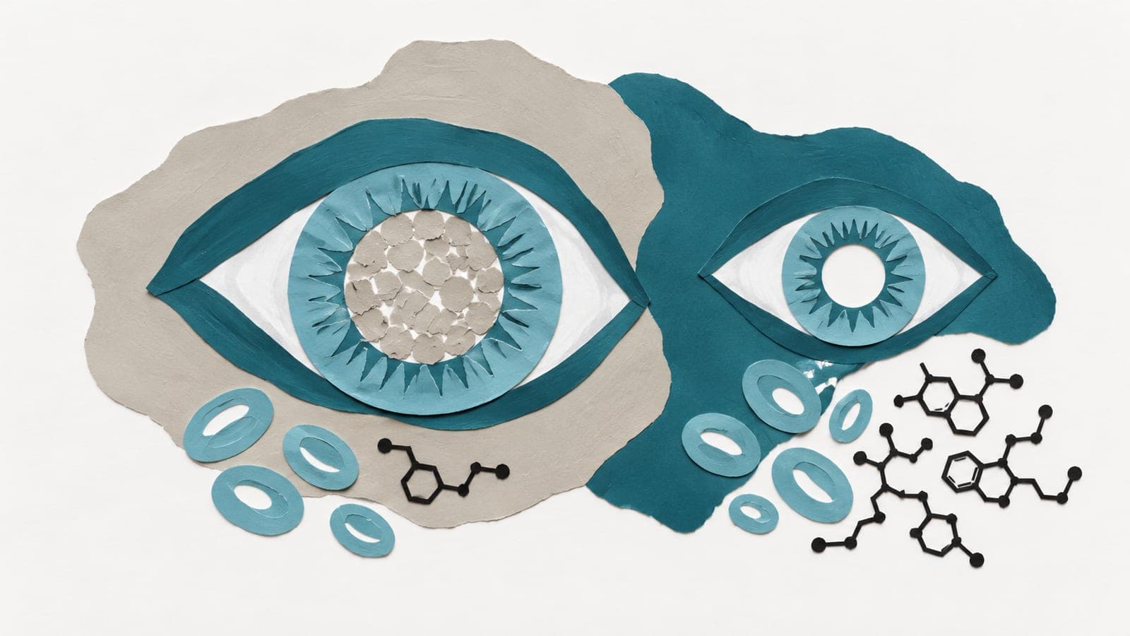 A large eye with a cloudy lens sits beside a smaller clear eye, with blood cells below each and fewer molecular shapes beside the cloudy eye.