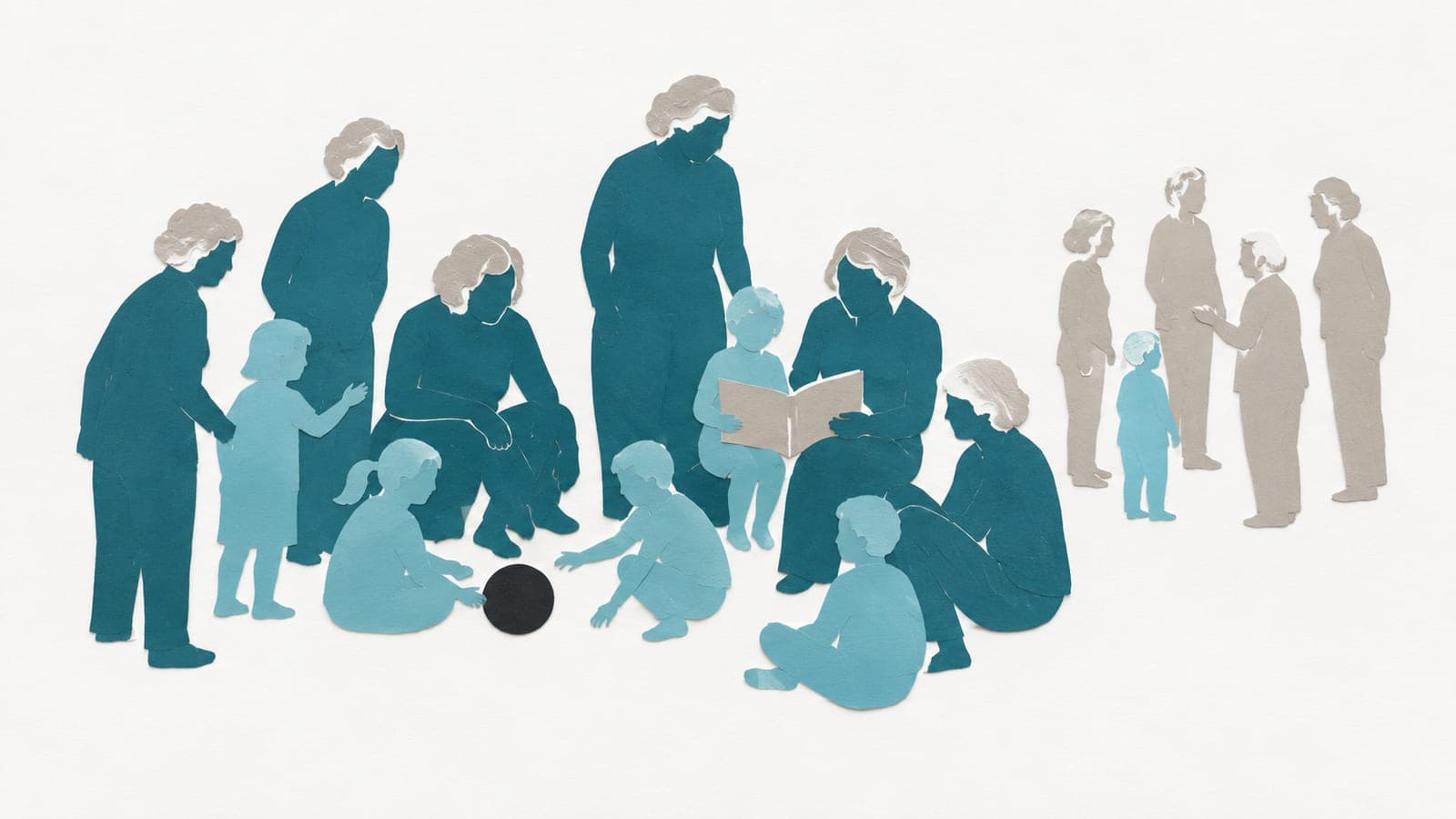 Older adults in dark blue-green share a ball and book with several children, while a smaller gray group stands apart with one child.