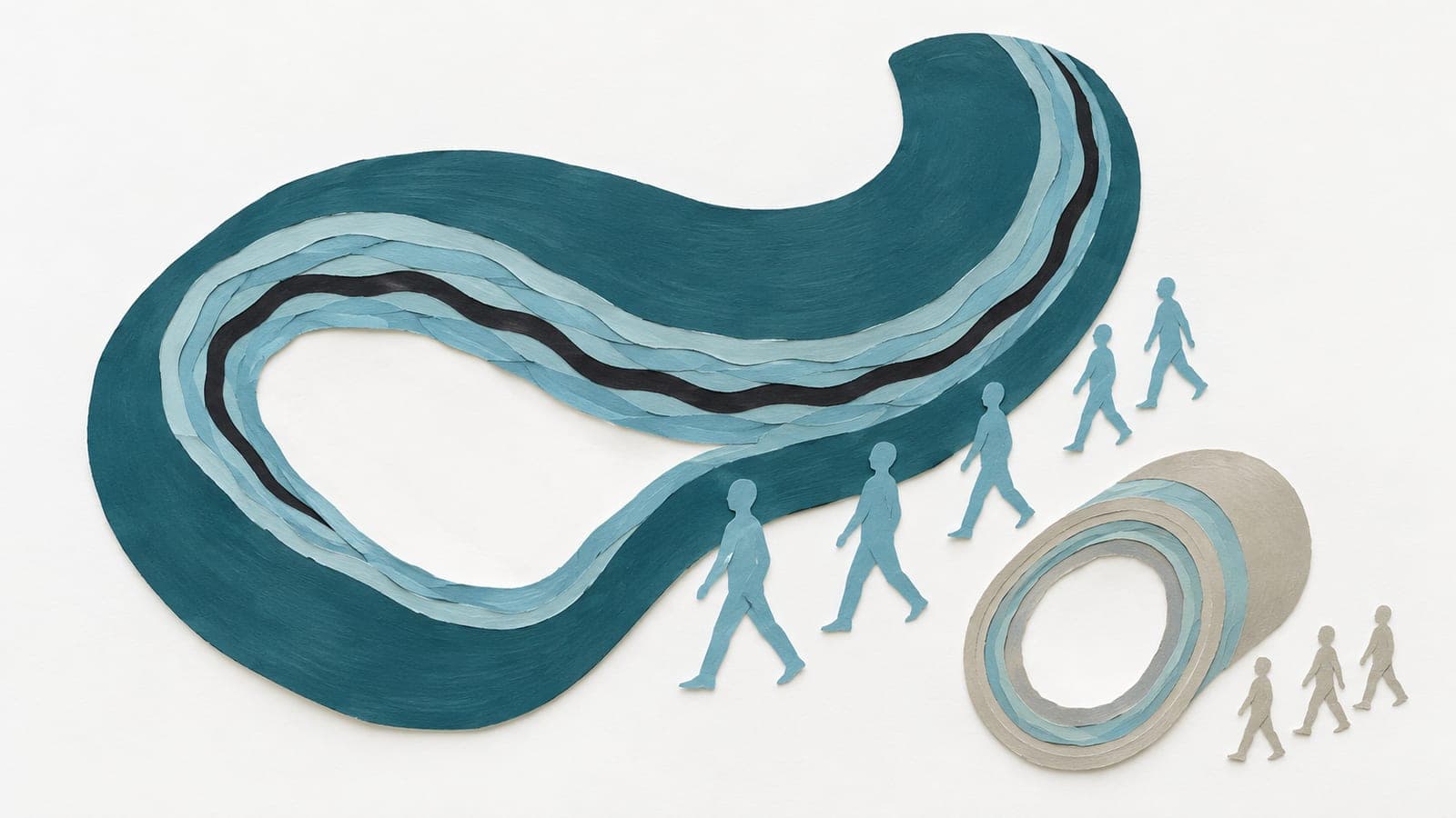 Aortic sections show wavy, supple dark blue-green walls beside longer-striding figures and a rigid gray ring beside shorter-striding figures.