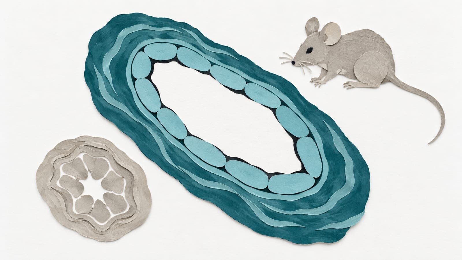 A brain artery with a wide opening and closely joined lining cells sits beside a constricted gray artery with gaps in its lining and a laboratory mouse.