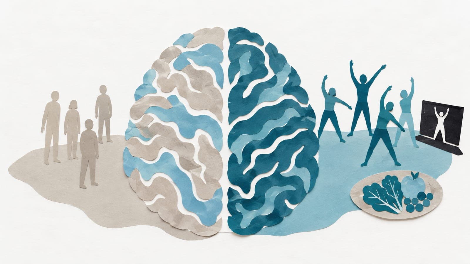 Brain seen from above, gray beside standing people and dark blue-green beside people exercising with a video screen and a plate of fruit and vegetables.