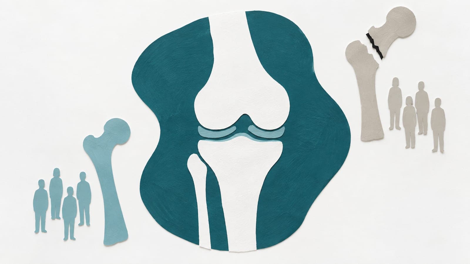 A knee joint sits between small groups of upright people, with an intact thighbone beside one group and a fractured thighbone beside the other.