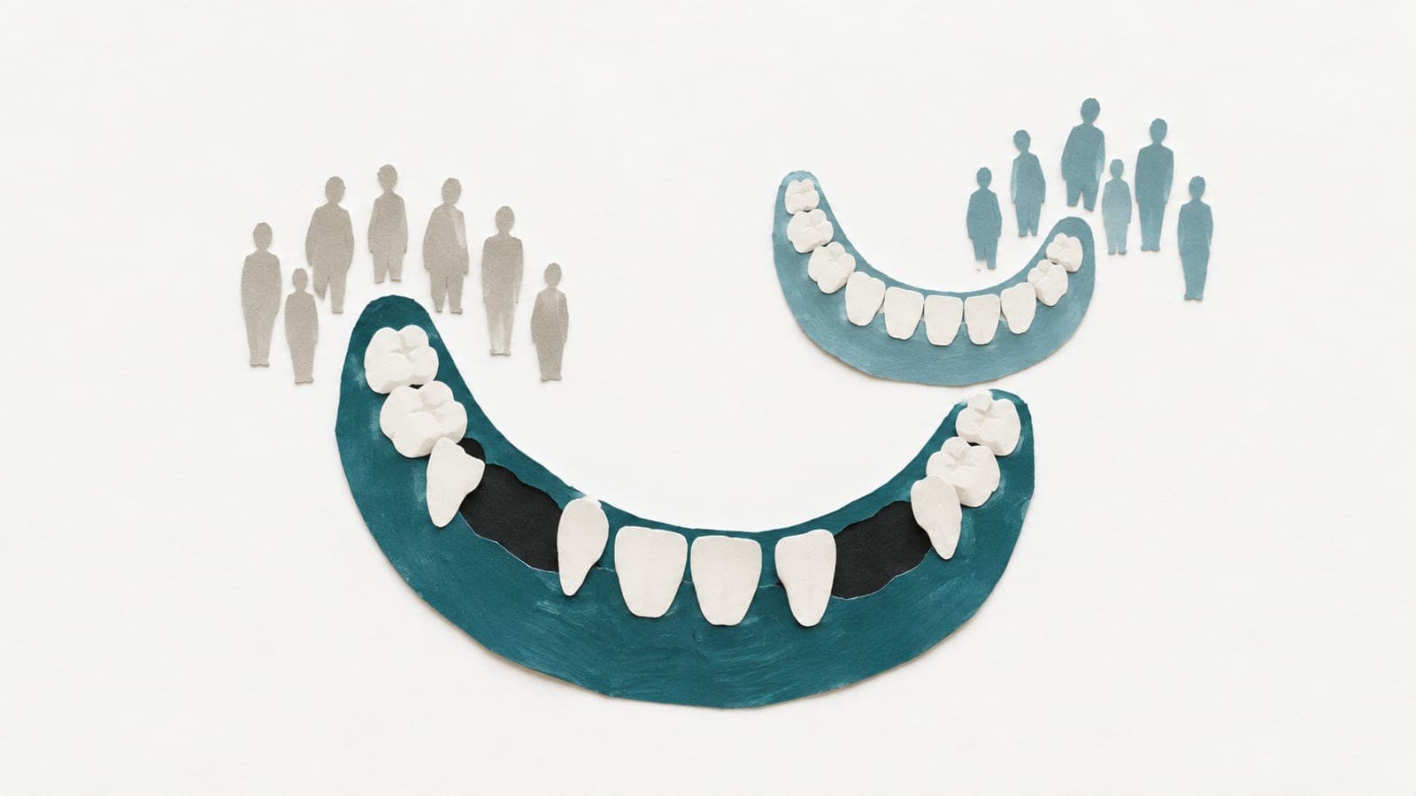 A large dental arch with missing teeth sits below a smaller arch with a fuller tooth row, each beside a separate group of upright, faceless people.
