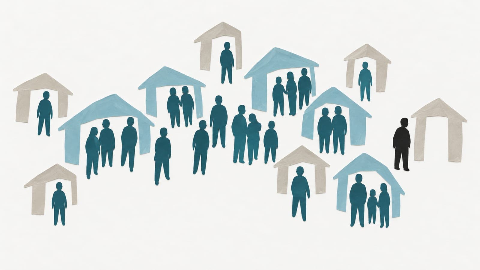 People stand alone beneath gray roofs or together beneath blue roofs, with a lone dark figure beside an empty house.