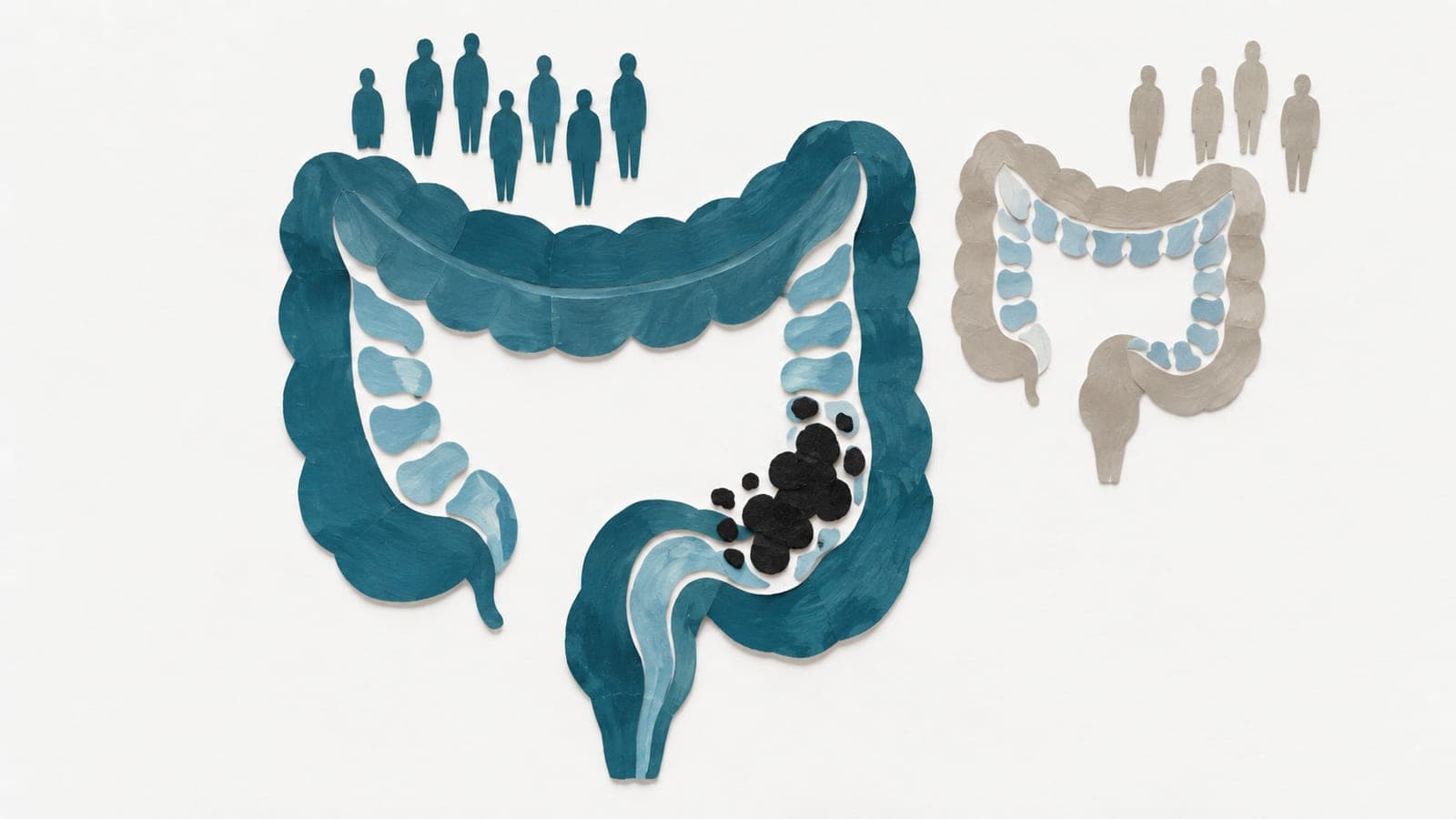 A dark blue-green colon with clustered growths sits beside a smaller, healthy gray colon, with matching groups of upright figures above.