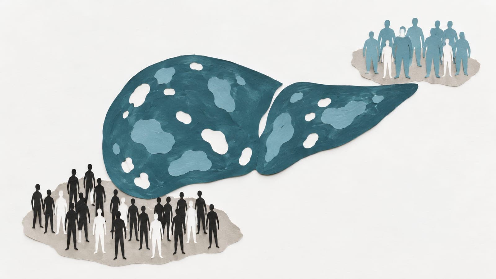 A fatty liver sits between groups of slender and broader upright figures, with more white figure-shaped gaps among the slender group.