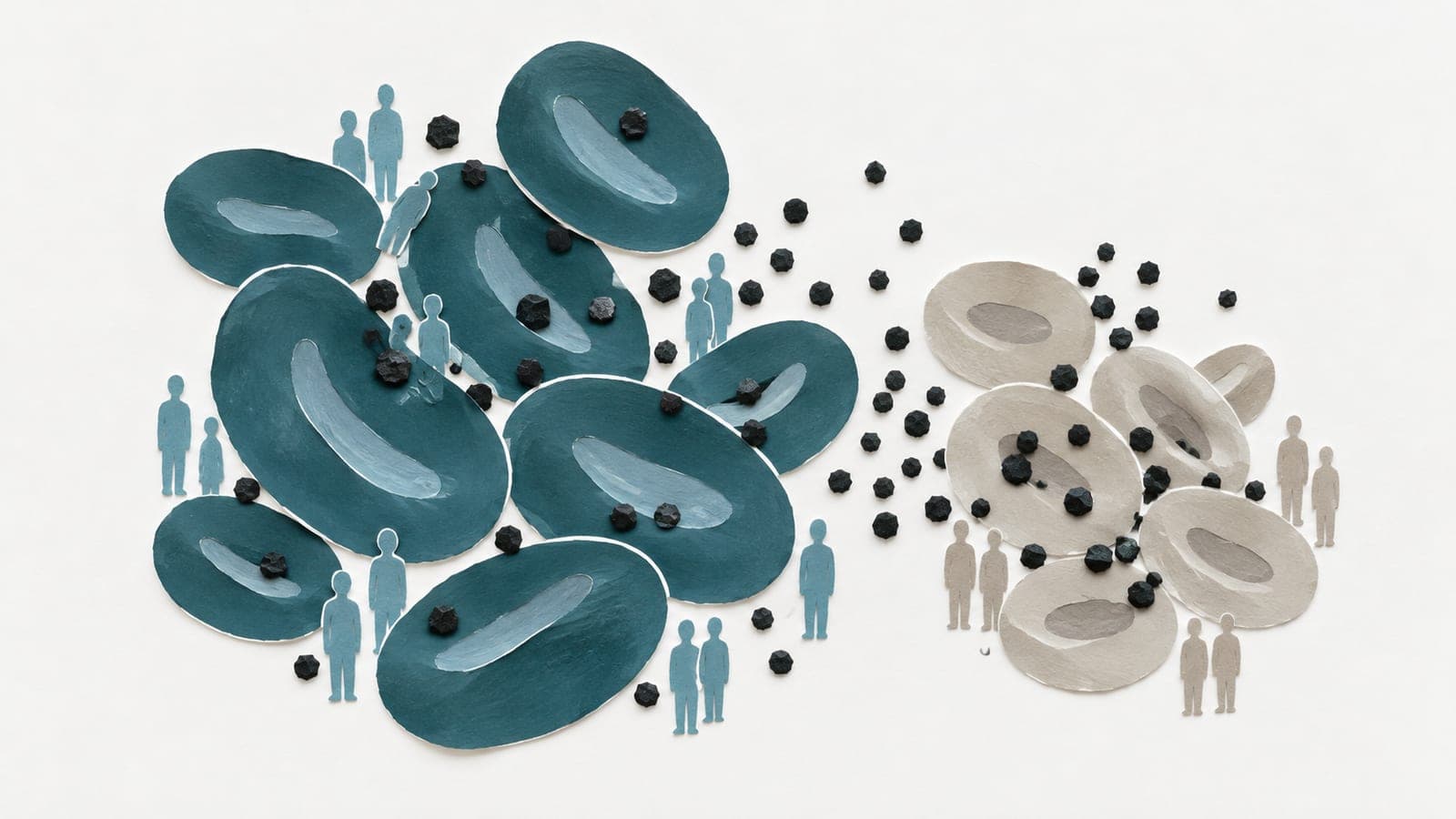 Blood cells beside small adult figures show sparse sugar particles around dark blue-green cells and denser particles around gray cells.
