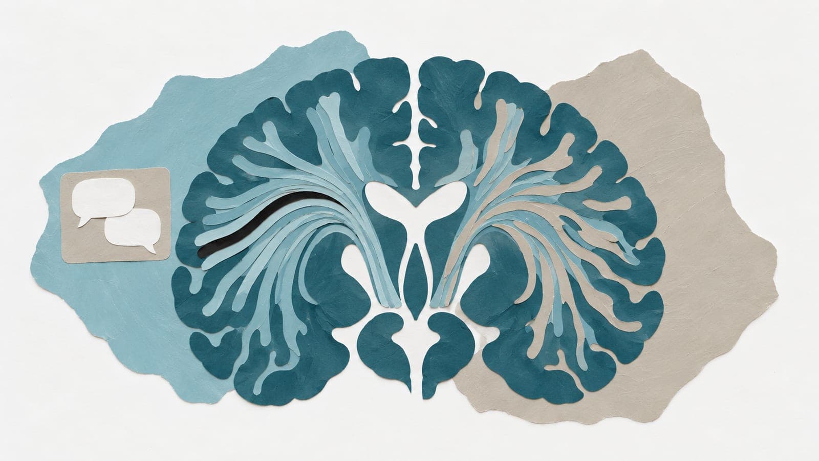 Brain cross-section with orderly white matter fibers beside chat bubbles and more unevenly spaced fibers on the opposite side.